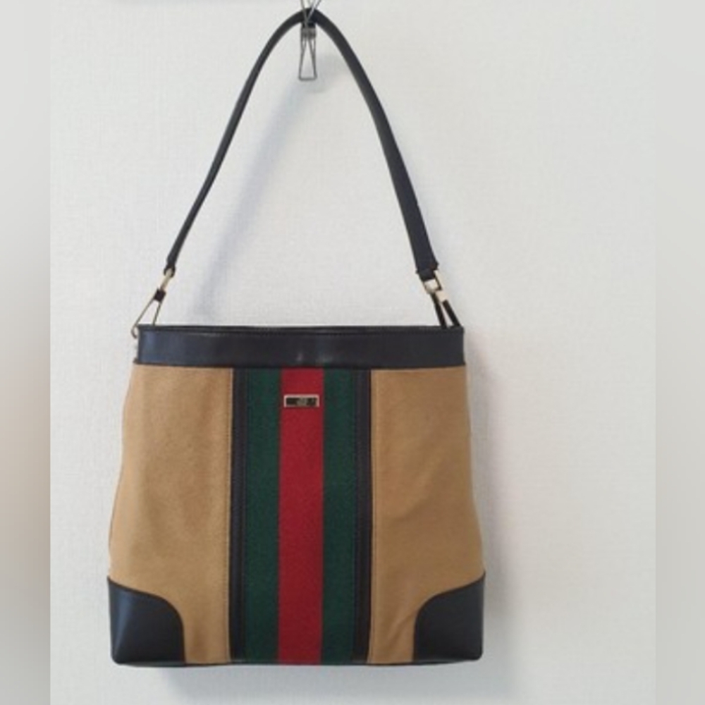 Gucci Tan and Brown Shoulder Bag with Red and Green Stripes